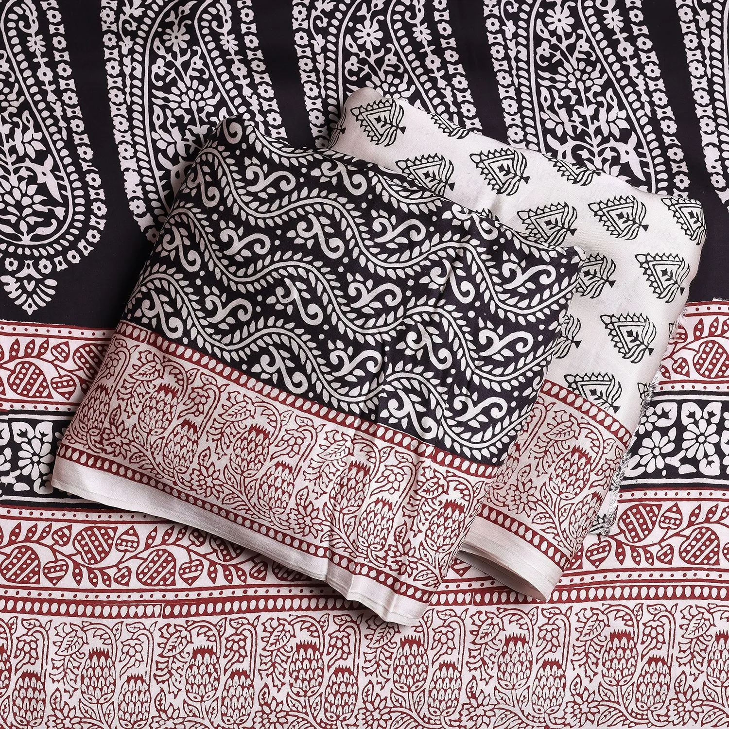 White - 3pc Bagh Block Printed Modal Silk Suit Material Set