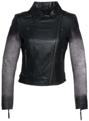 Women Ombre Croco Printed Leather Biker Jacket