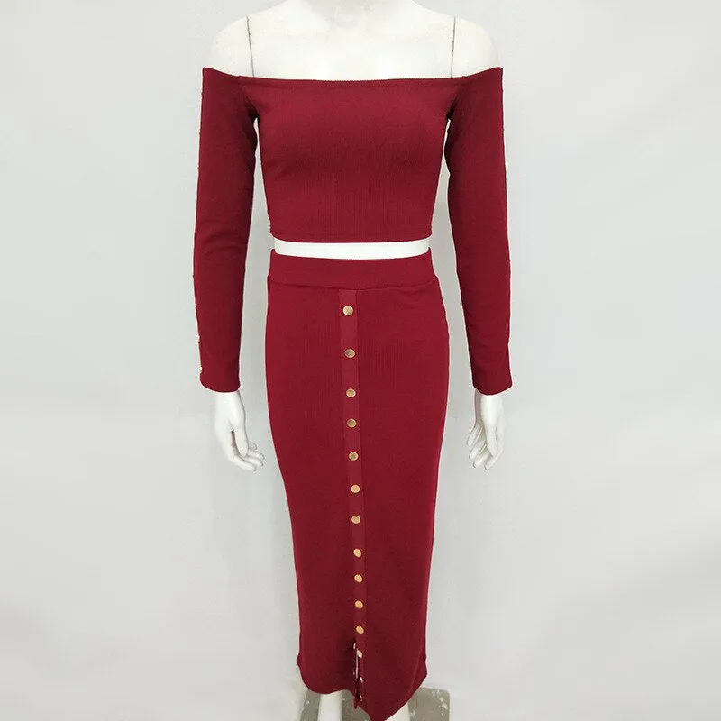 Women's Autumn Long Sleeve Knitted Elastic Slim Two-Piece Dress
