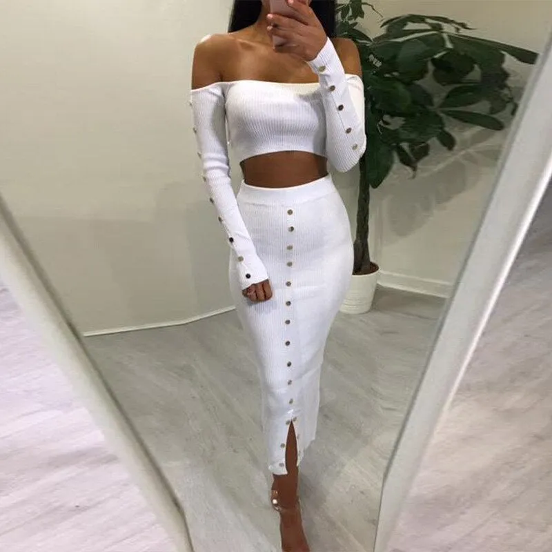 Women's Autumn Long Sleeve Knitted Elastic Slim Two-Piece Dress
