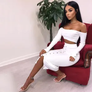 Women's Autumn Long Sleeve Knitted Elastic Slim Two-Piece Dress