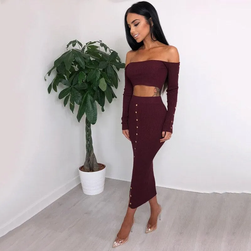 Women's Autumn Long Sleeve Knitted Elastic Slim Two-Piece Dress