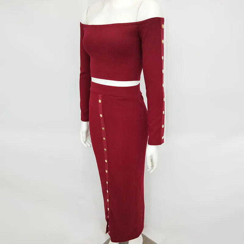Women's Autumn Long Sleeve Knitted Elastic Slim Two-Piece Dress