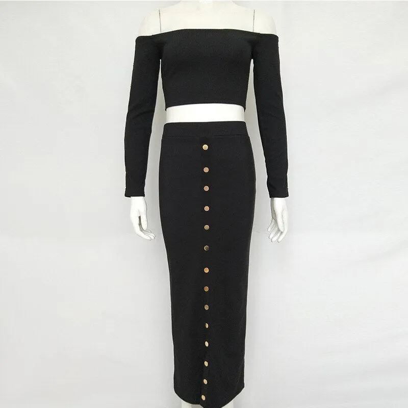 Women's Autumn Long Sleeve Knitted Elastic Slim Two-Piece Dress