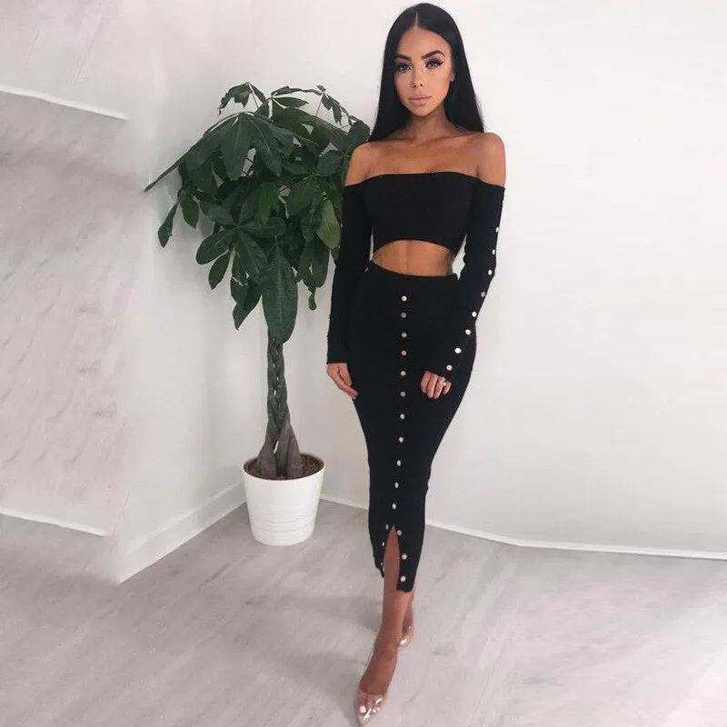 Women's Autumn Long Sleeve Knitted Elastic Slim Two-Piece Dress