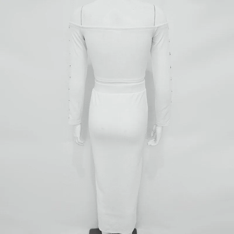 Women's Autumn Long Sleeve Knitted Elastic Slim Two-Piece Dress