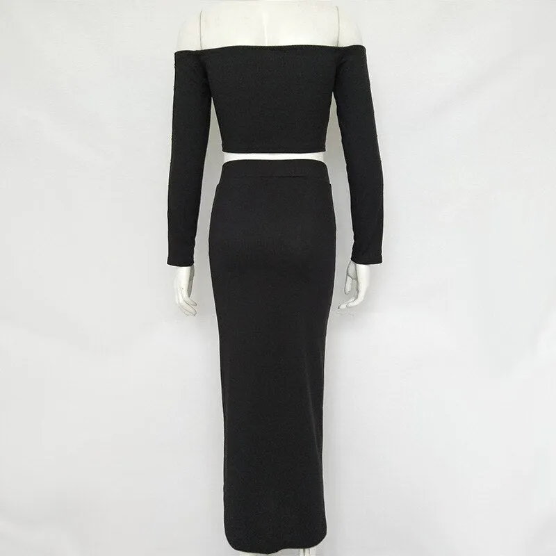 Women's Autumn Long Sleeve Knitted Elastic Slim Two-Piece Dress