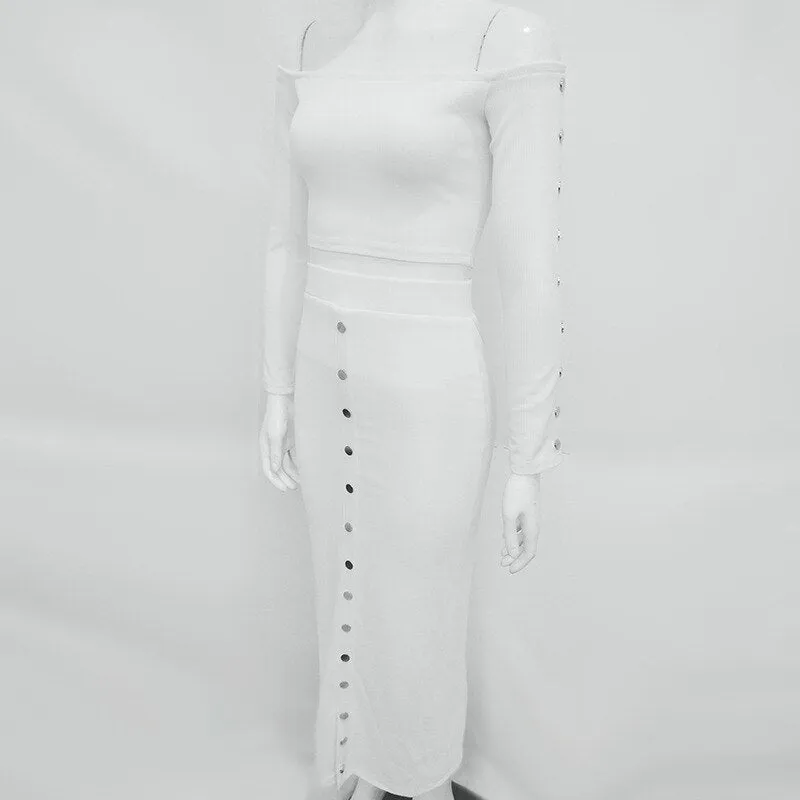 Women's Autumn Long Sleeve Knitted Elastic Slim Two-Piece Dress