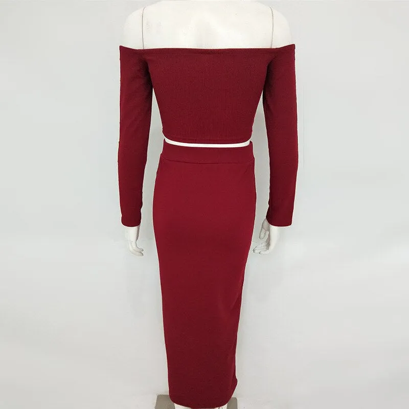 Women's Autumn Long Sleeve Knitted Elastic Slim Two-Piece Dress