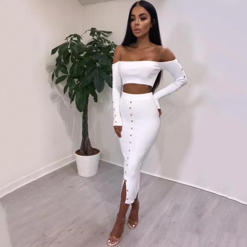 Women's Autumn Long Sleeve Knitted Elastic Slim Two-Piece Dress