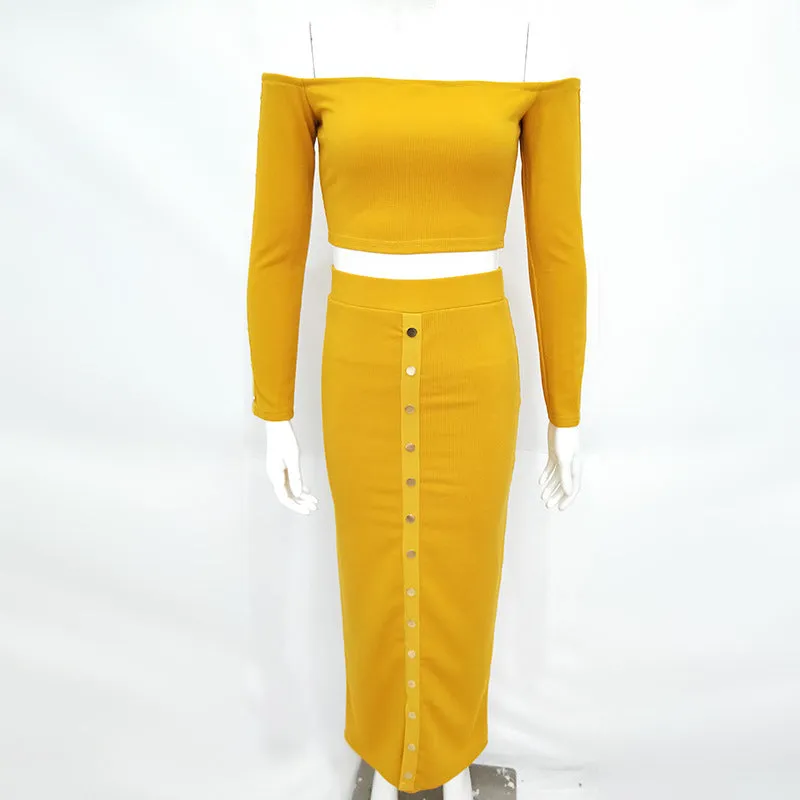 Women's Autumn Long Sleeve Knitted Elastic Slim Two-Piece Dress