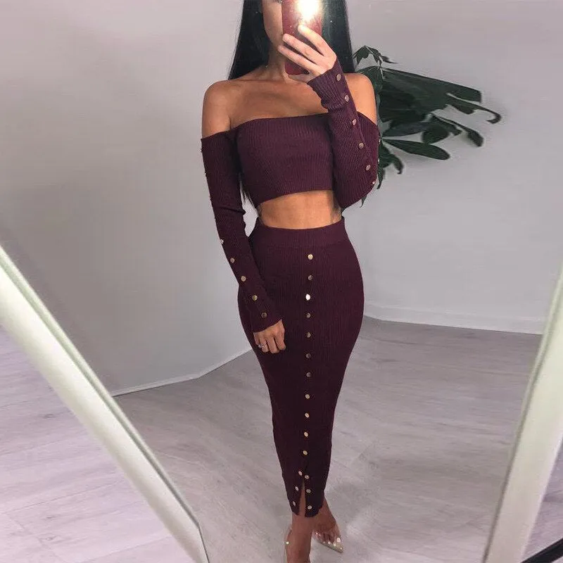 Women's Autumn Long Sleeve Knitted Elastic Slim Two-Piece Dress