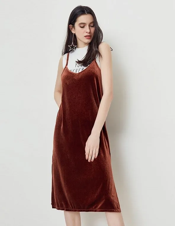 Women's Autumn Vintage Slight Stretch Velvet Midi Dress