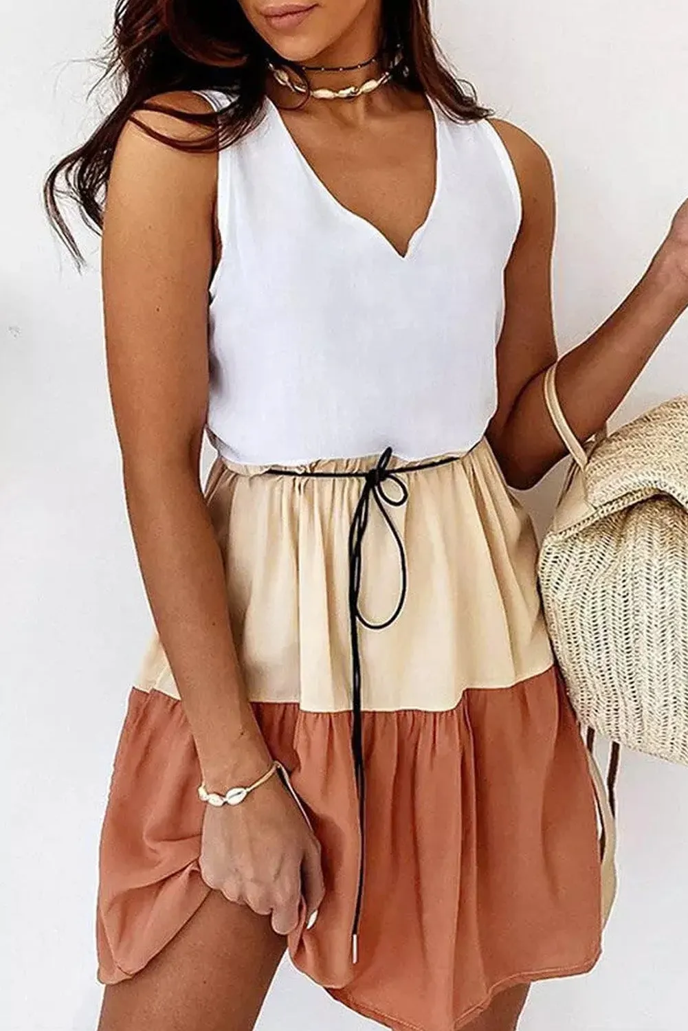 Women's Colorblock Tank Dress Pleated Elastic Waist Mini Dress