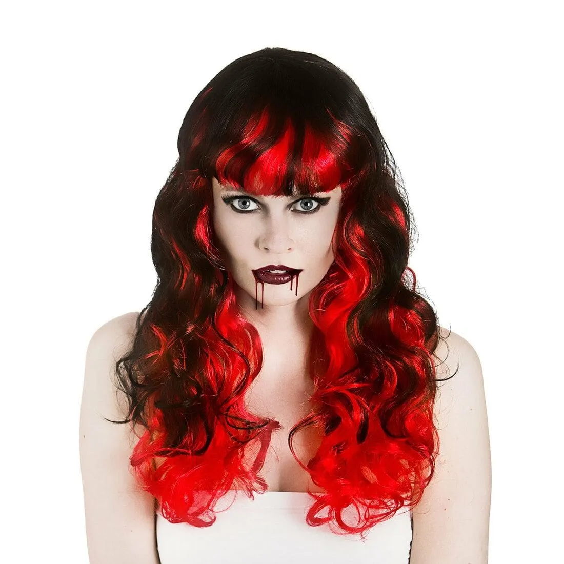 Womens Curly Long Vampiress Wig Black Red Halloween Accessory