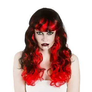 Womens Curly Long Vampiress Wig Black Red Halloween Accessory