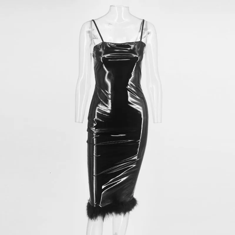 Women's PU Leather Sleeveless Sheath Midi Dress