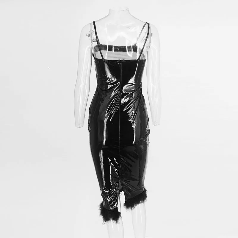 Women's PU Leather Sleeveless Sheath Midi Dress