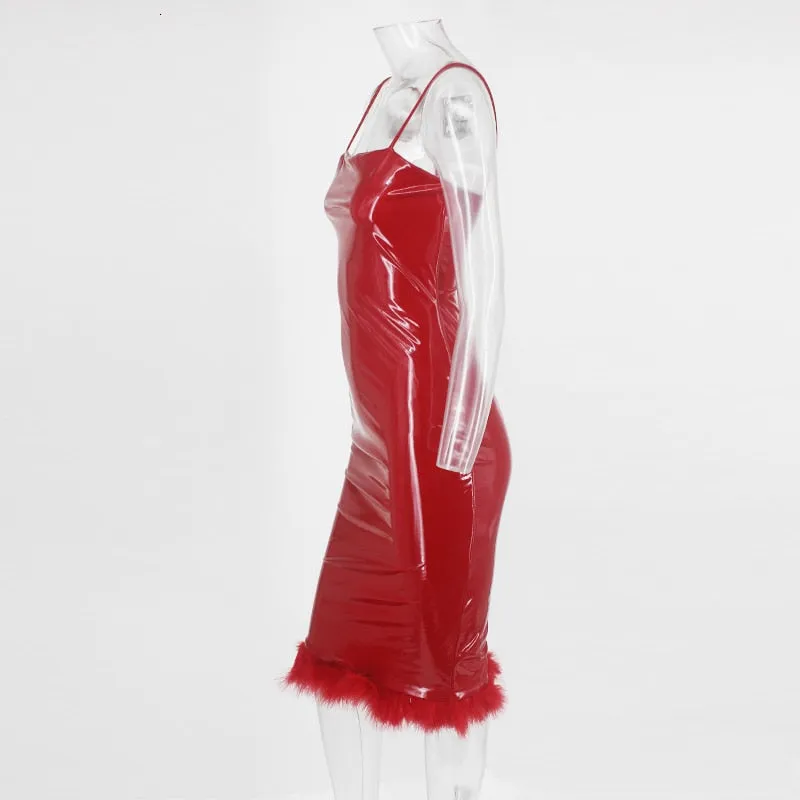 Women's PU Leather Sleeveless Sheath Midi Dress