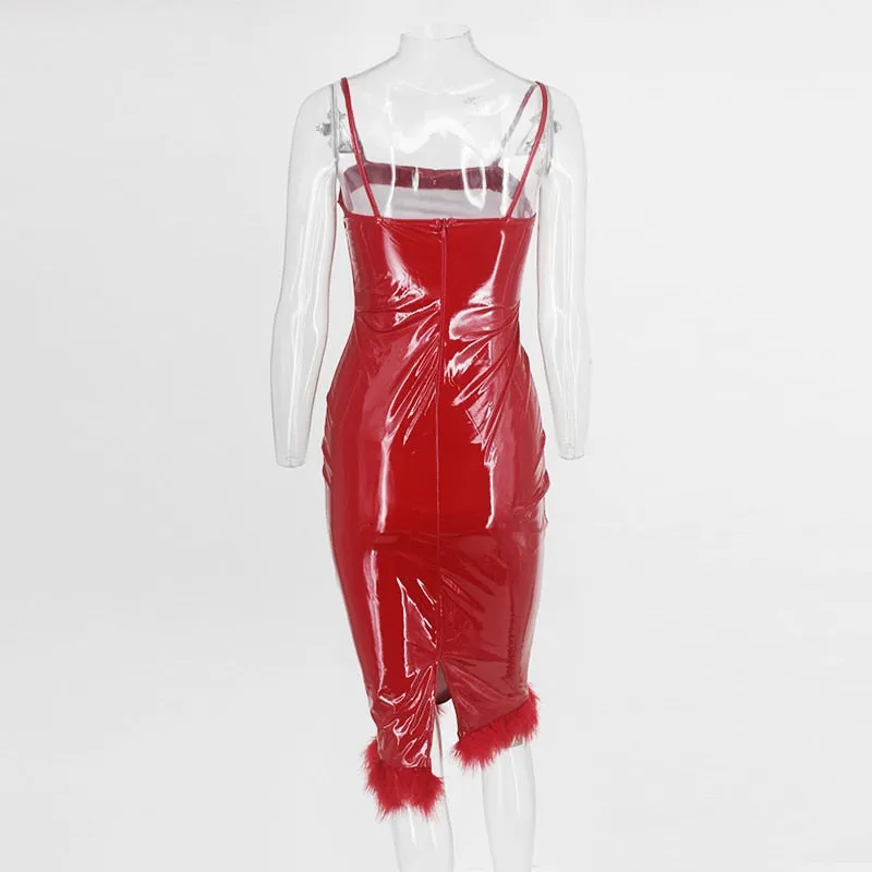Women's PU Leather Sleeveless Sheath Midi Dress