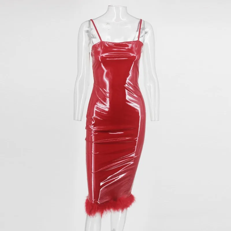Women's PU Leather Sleeveless Sheath Midi Dress